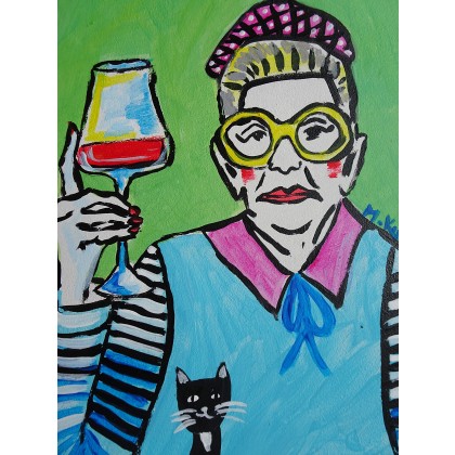 Marlena Kuć - obrazy akryl - kolorowa babcia z lampką wina foto #2