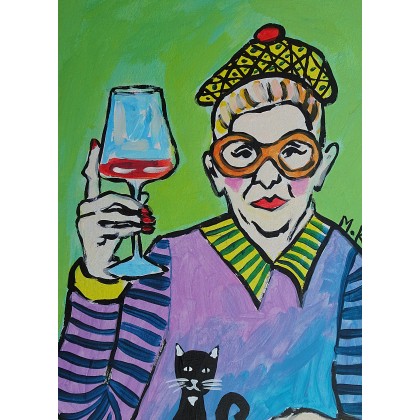 Marlena Kuć - obrazy akryl - kolorowa babcia z lampką wina foto #1