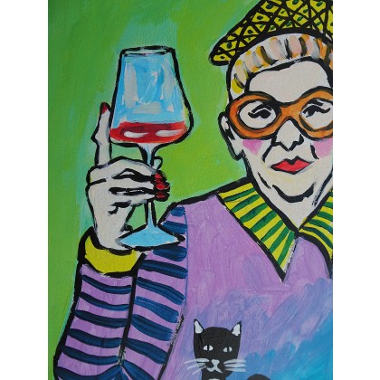 Marlena Kuć - obrazy akryl - kolorowa babcia z lampką wina foto #2
