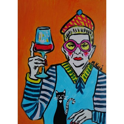kolorowa babcia z lampką wina, Marlena Kuć, obrazy akryl