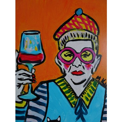 Marlena Kuć - obrazy akryl - kolorowa babcia z lampką wina foto #3