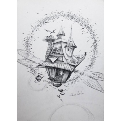 Latający Dom Czarownicy, Adriana Laube, rysunek ołówkiem