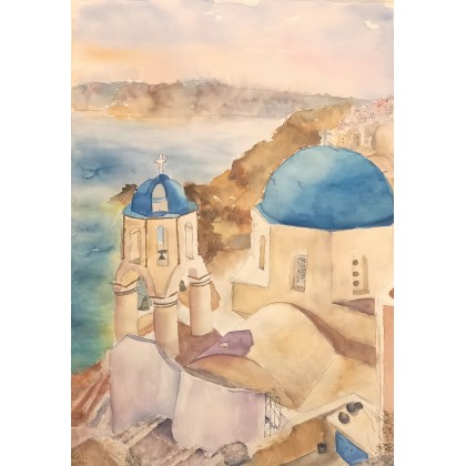 Santorini, akwarela 50x70, w paspartu 60x80, Agnieszka Margul, obrazy akwarela