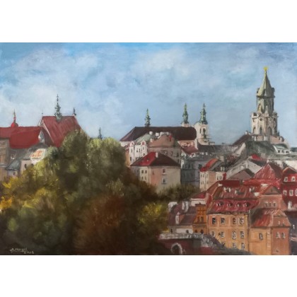 Panorama Lublina, olej, 50x70, w oprawie 60x80, Agnieszka Margul, obrazy olejne