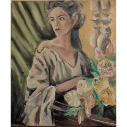 obraz olejny kobieta z bukietem 50x60, Mirona Kaczmarek, obrazy olejne