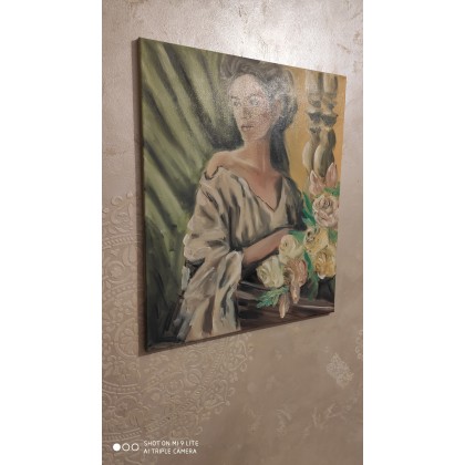 Mirona Kaczmarek - obrazy olejne - obraz olejny kobieta z bukietem 50x60 foto #2