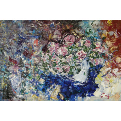 Kwiaty z niebieskim cieniem, 80X120, 2024, Eryk Maler, obrazy olejne