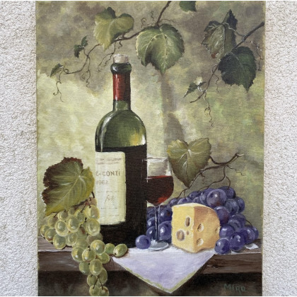Pyszna martwa natura. Wino, ser i winogrona., Myroslava Burlaka, obrazy akryl