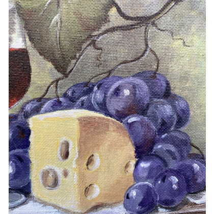 Myroslava Burlaka - obrazy akryl - Pyszna martwa natura. Wino, ser i winogrona. foto #1