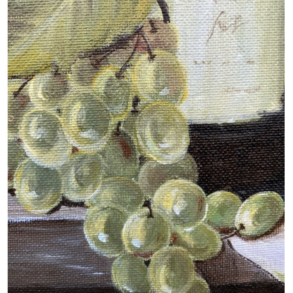Myroslava Burlaka - obrazy akryl - Pyszna martwa natura. Wino, ser i winogrona. foto #2