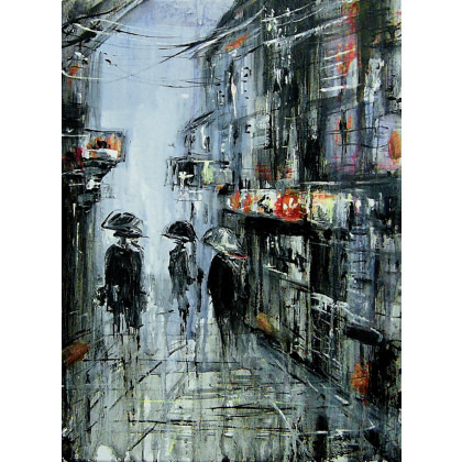 Zakochani pod parasolami..., Dariusz Grajek, olej + akryl