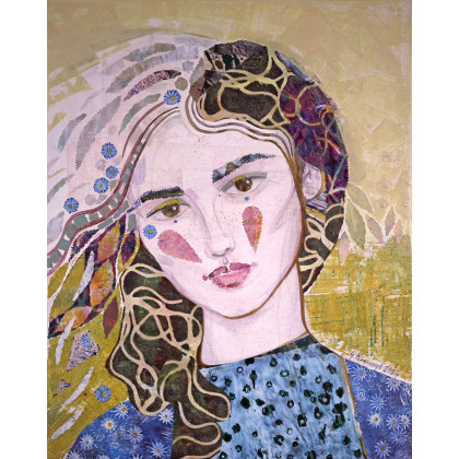 Niezapominajki - akryl kolaż na płótnie 50x40 cm, Gabriela Krawczyk, obrazy akryl