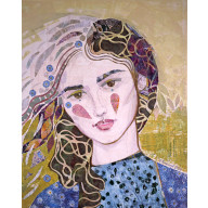 Niezapominajki - akryl kolaż na płótnie 50x40 cm
