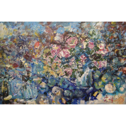 Kwiaty, owoce, szkło, 120x80, 2024, Eryk Maler, obrazy olejne