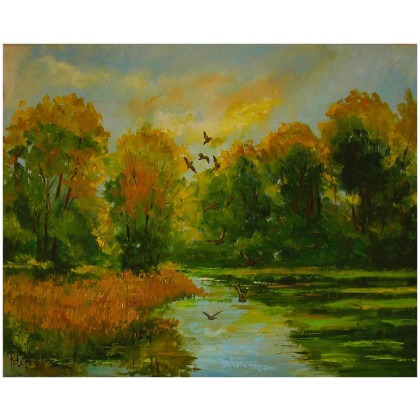 Poranek nad stawem 40cm-50cm obraz olejny, Grażyna Potocka, obrazy olejne