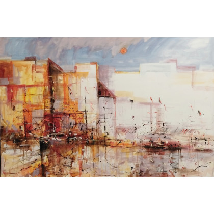 Słoneczny port...., Dariusz Grajek, olej + akryl