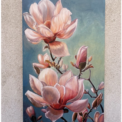 Rozkwitająca magnolia w promieniach słońca., Myroslava Burlaka, obrazy olejne