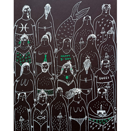 Plaża nudystów - Znaki zodiaku, Ryby, Marcin Waśka, rysunek tuszem