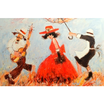 Panna , gitarzysta i służąca..., Dariusz Grajek, olej + akryl