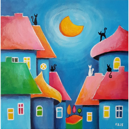 Bajkowe miasteczko kotów - obraz akrylowy 30/30 cm, Paulina Lebida, obrazy akryl