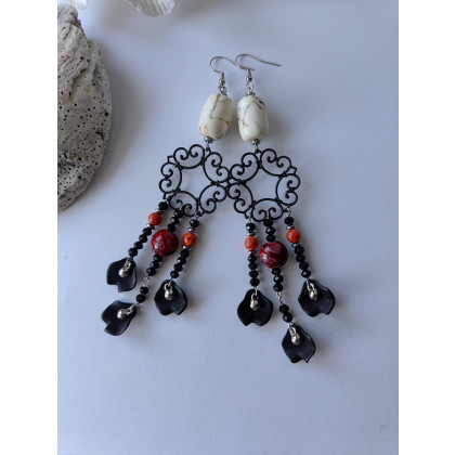 Kolczyki Czarne Płatki Boho Howlit Floral Czarny Kolczyk Etno, unikatart, kolczyki 