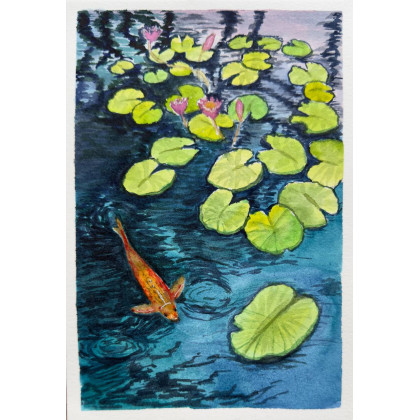 Yunona Kucherevska - obrazy akwarela - Akwarela Staw i karp koi foto #1