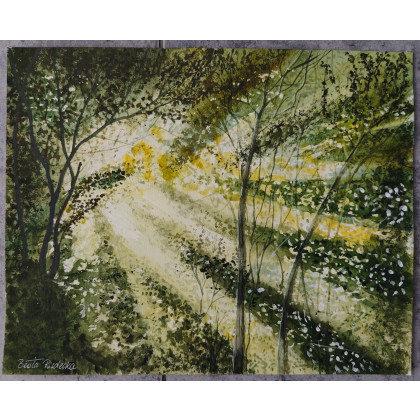 Beata Rudecka - obrazy akwarela - Akwarela Akwarelka Obraz pt: Słoneczny Szept Lasu, 30 x 24 cm foto #2