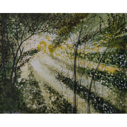 Beata Rudecka - obrazy akwarela - Akwarela Akwarelka Obraz pt: Słoneczny Szept Lasu, 30 x 24 cm foto #3