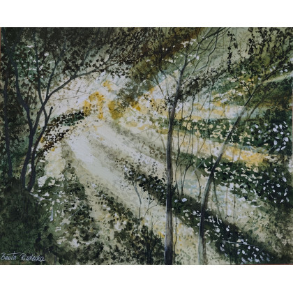 Beata Rudecka - obrazy akwarela - Akwarela Akwarelka Obraz pt: Słoneczny Szept Lasu, 30 x 24 cm foto #4