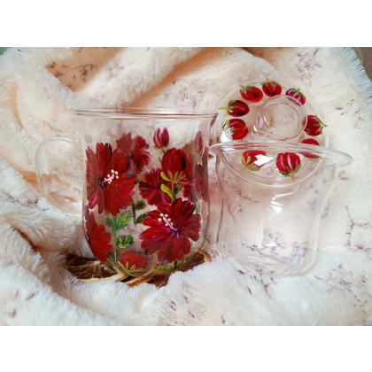 Szklany kubek z zaparzaczem hibiskus ręcznie malowany 370 ml., Studio Paulla, naczynia