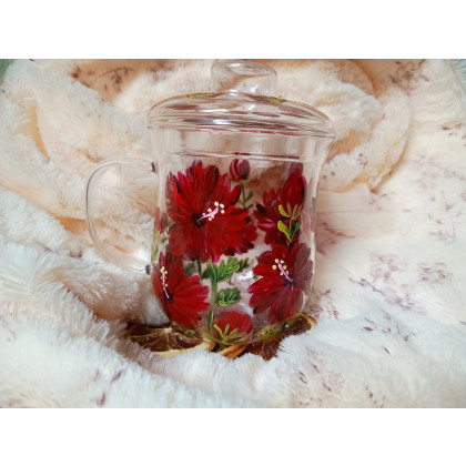 Studio Paulla - naczynia - Szklany kubek z zaparzaczem hibiskus ręcznie malowany 370 ml. foto #1