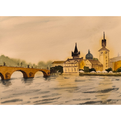 Beata Rudecka - obrazy akwarela - Akwarela Akwarelka Obraz Praga - Most Karola pt: Po Drugiej Stronie. foto #4