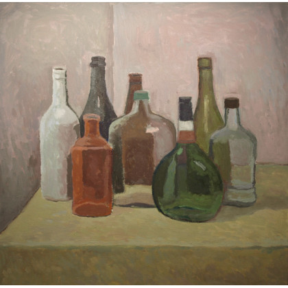 Butelki (kompozycja w szarościach 2015), Marcin Szost, obrazy olejne