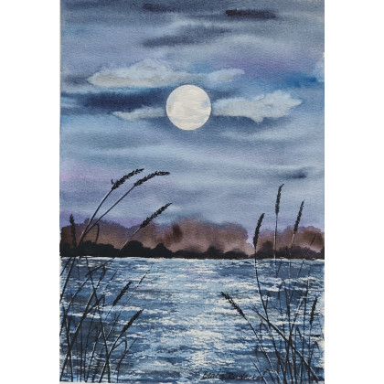 Beata Rudecka - obrazy akwarela - Akwarela Akwarelka Obraz pt: Jezioro Nocą foto #2