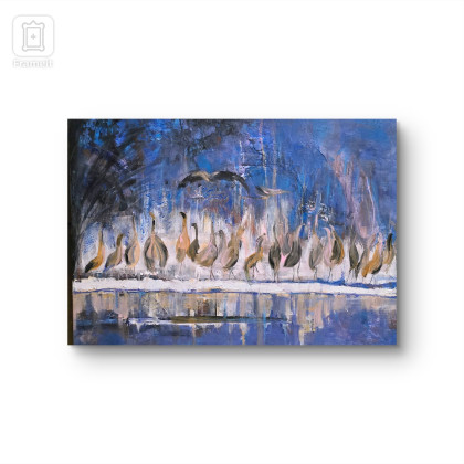 Ewa Mościszko - obrazy akryl - Żurawie manewry,  obraz akrylowy na płótnie 70x50x2 cm foto #1