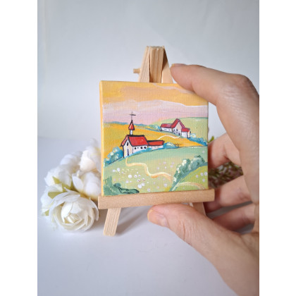 Nadia Siemek - obrazy akryl - Miniaturowy pejzaż z Kościółkiem foto #1