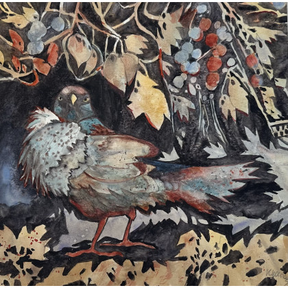 Jesienny ptak (50x50 cm), Krystyna Nowak, obrazy akwarela