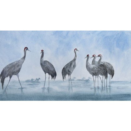 Żurawie w błękitach (54,5x29,5cm), Krystyna Nowak, obrazy akwarela