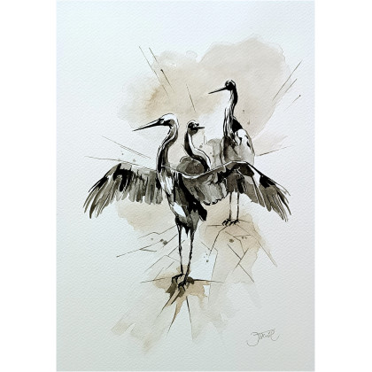 Żurawia rodzinka, Akwarela 32 x 24 cm, Joanna Tomczyk, obrazy akwarela