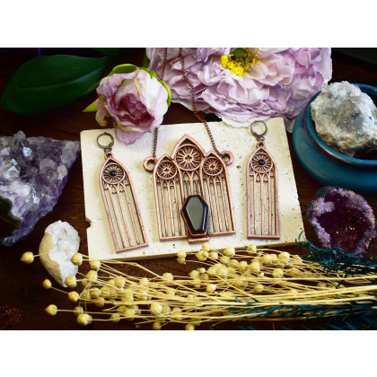 Witchcraft Apparel - komplety - Gotycki miedziany zestaw - kolczyki i wisiorek z czarnym onyksem, rozeta #S8 foto #3