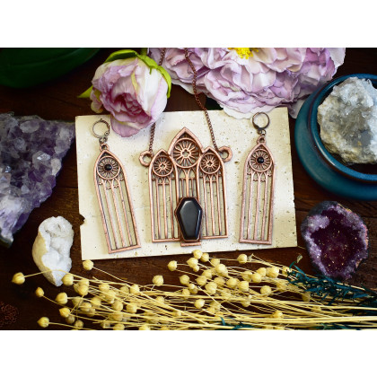 Witchcraft Apparel - komplety - Gotycki miedziany zestaw - kolczyki i wisiorek z czarnym onyksem, rozeta #S8 foto #4