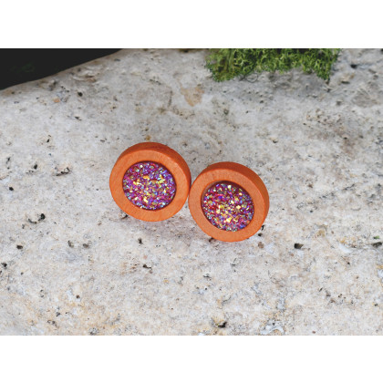 Witchcraft Apparel - kolczyki  - Drewniane pomarańczowe kolczyki sztyfty z druzami boho #5 foto #3