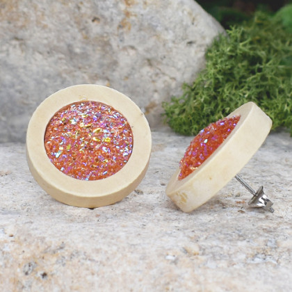 Drewniane kolczyki sztyfty z druzami boho #16, Witchcraft Apparel, kolczyki 