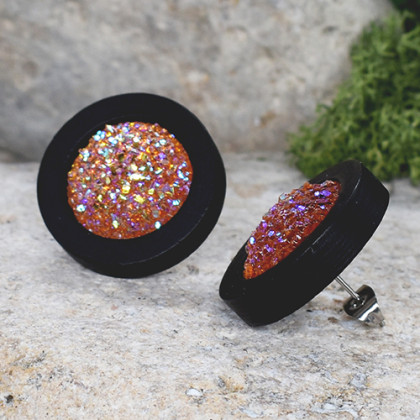 Drewniane czarne kolczyki sztyfty z druzami boho #19, Witchcraft Apparel, kolczyki 