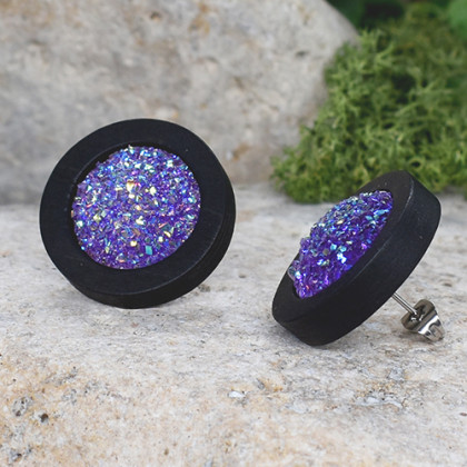 Drewniane czarne kolczyki sztyfty z druzami boho #22, Witchcraft Apparel, kolczyki 