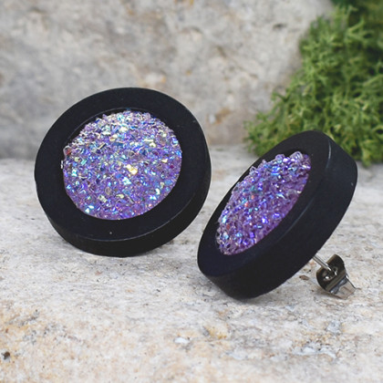 Drewniane czarne kolczyki sztyfty z druzami boho #23, Witchcraft Apparel, kolczyki 