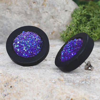 Drewniane czarne kolczyki sztyfty z druzami boho #26, Witchcraft Apparel, kolczyki 
