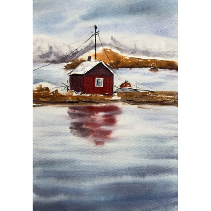 Yunona Kucherevska - obrazy akwarela - Akwarela Norweski domek rybacki foto #1