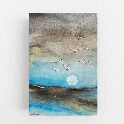 Morze -  akwarela formatu 18/12,5 cm, Paulina Lebida, obrazy akwarela