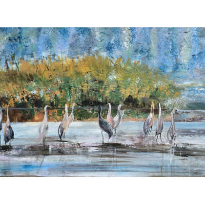 Żurawie przechadzki obraz akrylowy na płótnie 70x50x2 cm, Ewa Mościszko, obrazy akryl